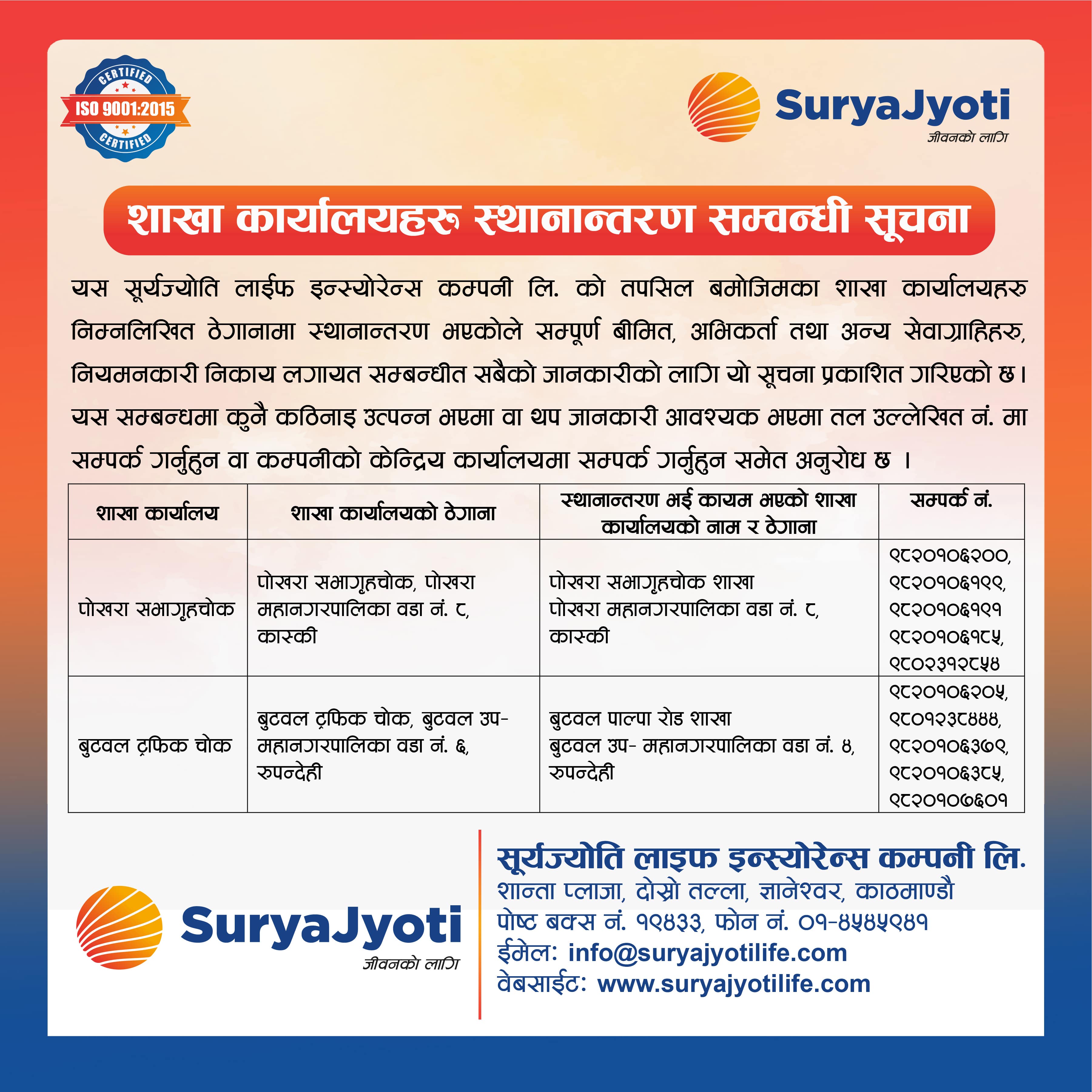 Image of Surya Jyoti Life Insurance's Notice titled Branch Shifting Notice