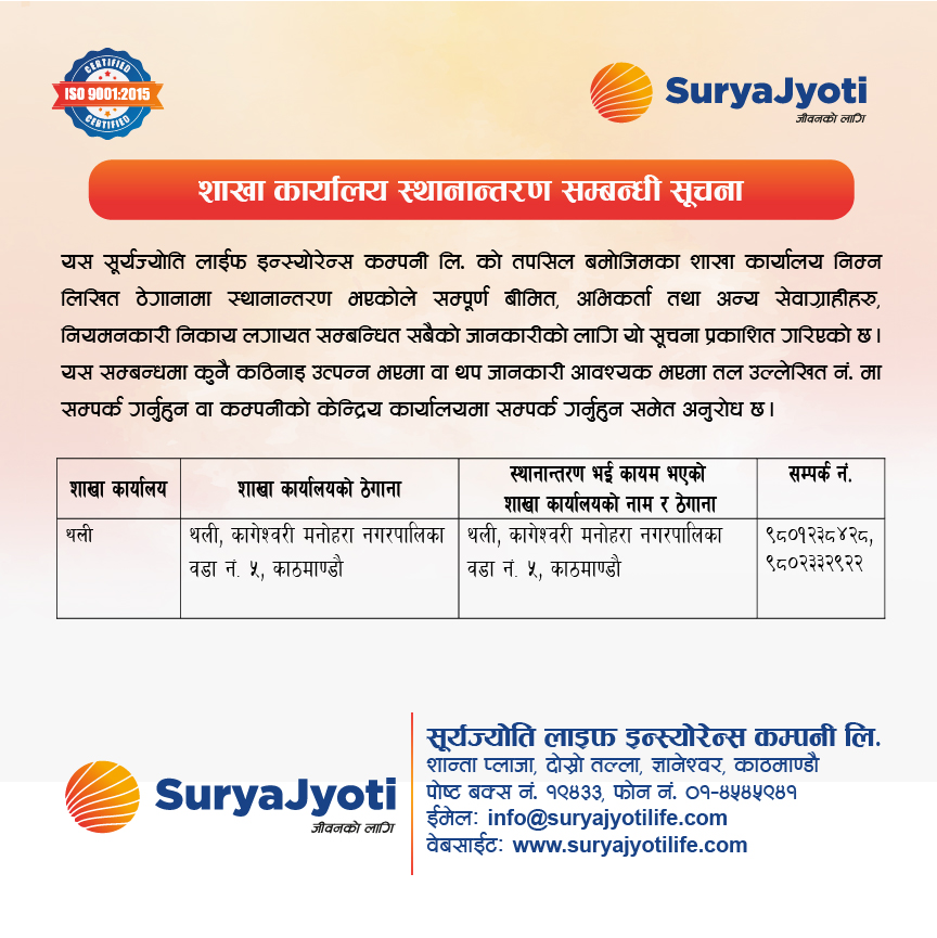 Image of Surya Jyoti Life Insurance's Notice titled Branch Shifting Notice