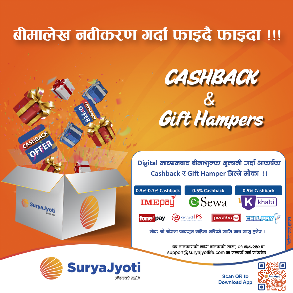 Image of Surya Jyoti Life Insurance's Notice titled CashBack and Weekly Gift Hamper on Renewal Premium online payment