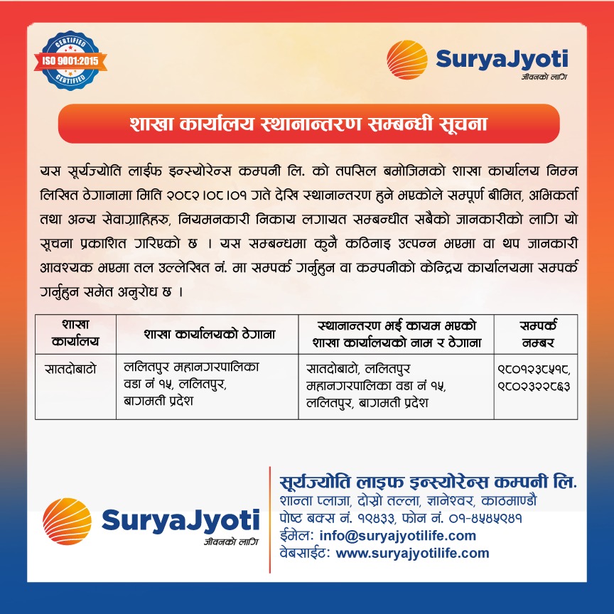 Image of Surya Jyoti Life Insurance's Notice titled Branch Shifting Notice - Satdobato Branch
