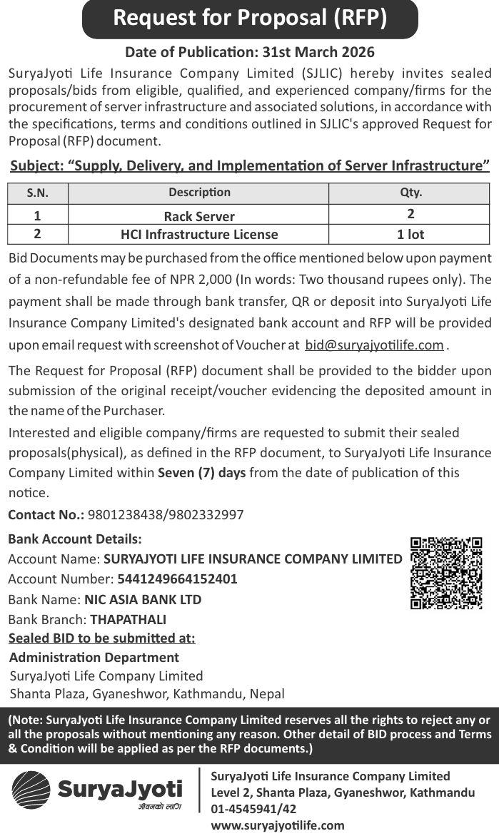 Image of Surya Jyoti Life Insurance's Notice titled Request for Proposal 2nd time published